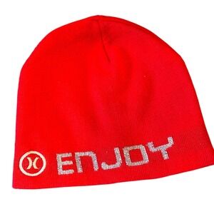 Vintage Hurley Red Enjoy Graphic Knit Beanie Skull Cap Mens Womens Skater Hat